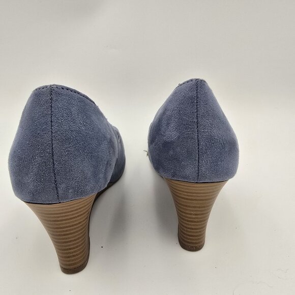 Clarks Collection Peep Toe Wedge Heels Blue Suede Comfort Shoes Womens Size 5 - Picture 4 of 7